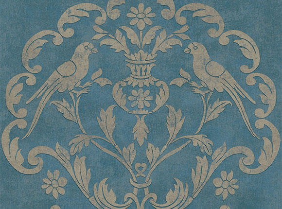 کاغذدیواری داماسک از آلبوم Palazzo با رنگ آبی سیر و طلایی