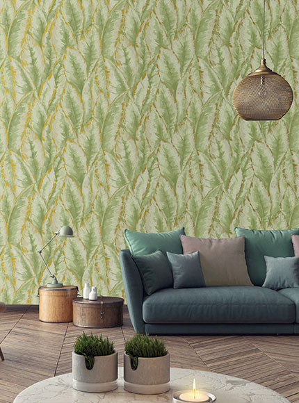 کاغذ دیواری طرح استوایی برگ دار از آلبوم Exotic سبز و طلایی